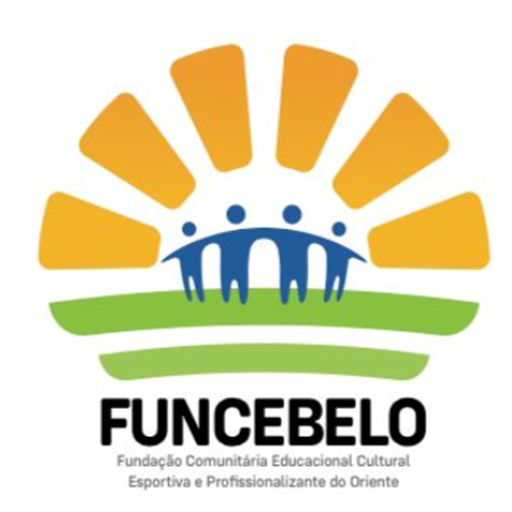 Ícone da FUNCEBELO, instituição de caridade, com uma árvore verde representando sustentabilidade, um sol ao fundo simbolizando esperança, e quatro figuras humanas unidas simbolizando comunidade e colaboração.